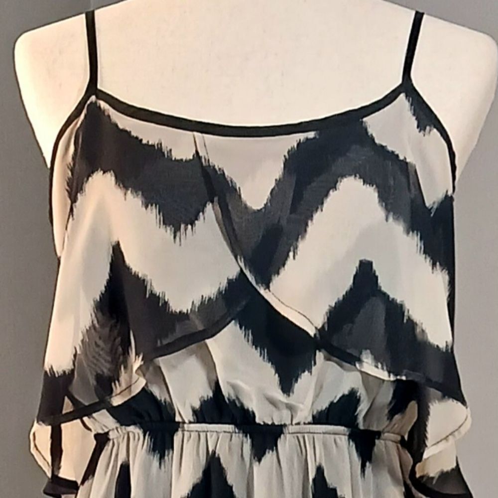Maxi Summer Dress Chevron Pattern Sheer Ruffled Lined Black Tan Size M - Picture 3 of 8